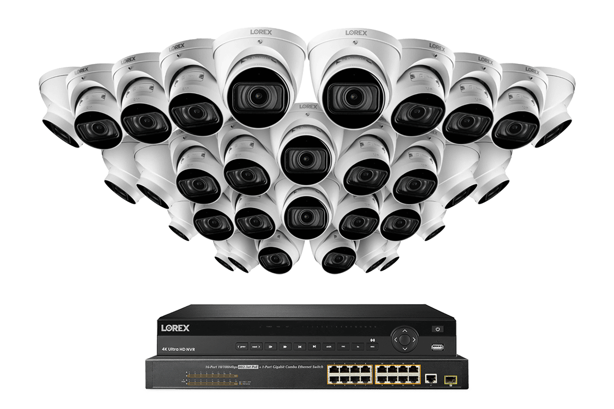 32-Channel Nocturnal NVR System with Thirty-Two 4K (8MP) Smart IP Optical Zoom White Dome Security Cameras with Real-Time 30FPS Recording and Listen-in Audio