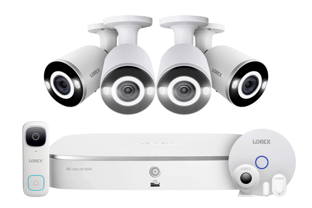Lorex Fusion 4K 16 Camera Capable (8 Wired + 8 Wi-Fi) 2TB NVR System with 4 Smart Security Lighting Bullet Cameras, One 2K Wired Doorbell and Sensor Kit