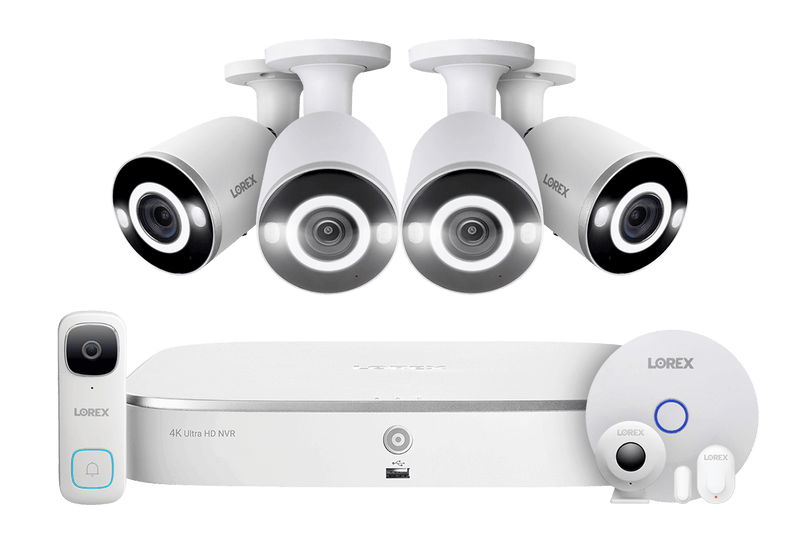 Lorex Fusion 4K 16 Camera Capable (8 Wired + 8 Wi-Fi) 2TB NVR System with 4 Smart Security Lighting Bullet Cameras, One 2K Wired Doorbell and Sensor Kit
