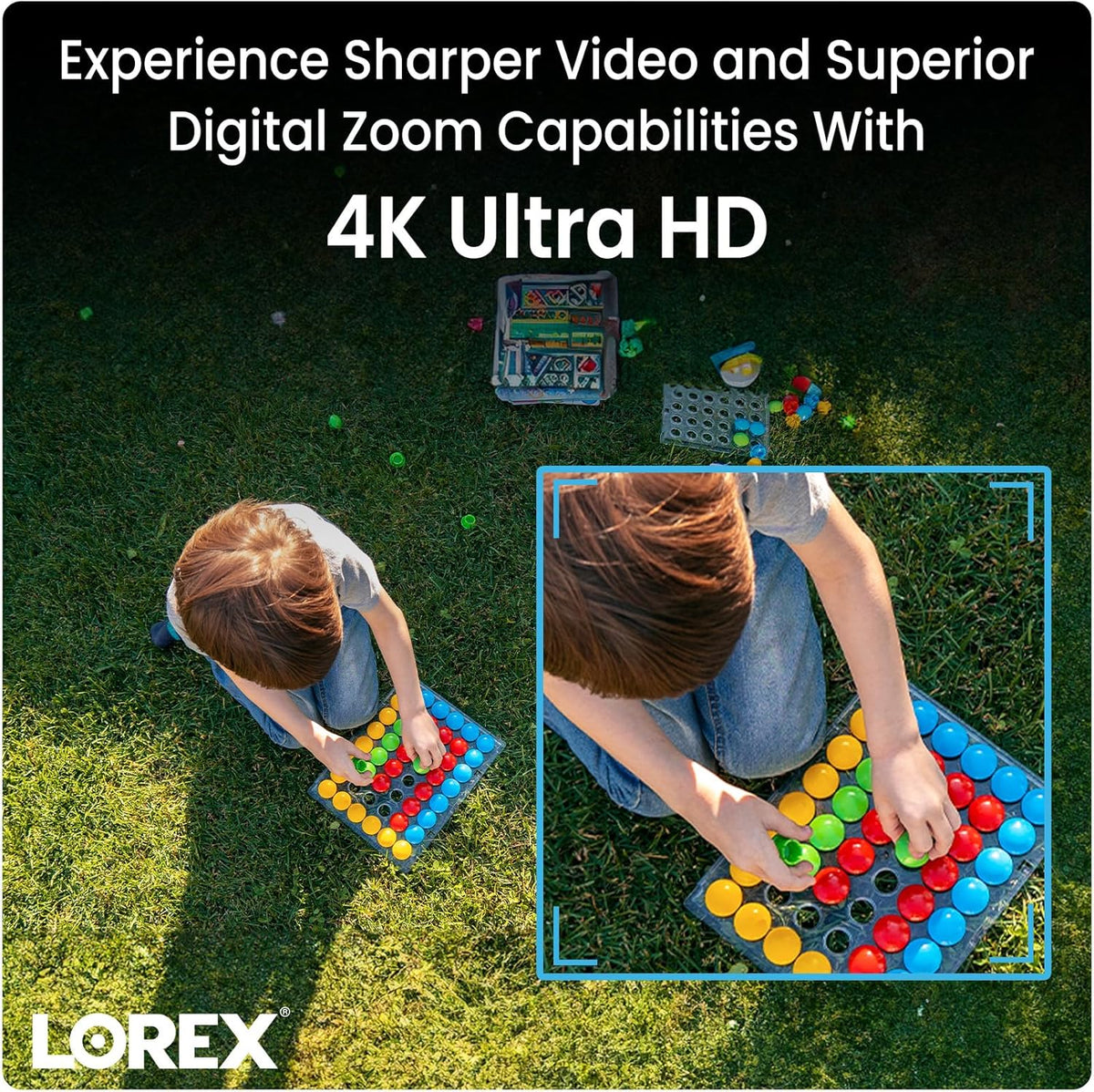 Aerial view of two children on a grassy yard playing with a colorful learning board, Lorex logo and 4K Ultra HD promo text.