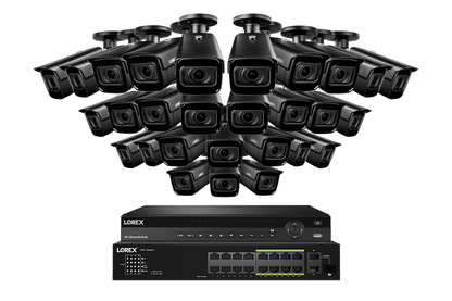 Lorex 4K (32 Camera Capable) 8TB Wired NVR System with Nocturnal 3 28 Black Smart IP Bullet Cameras Featuring Motorized Varifocal Lens and 30FPS Recording