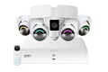 Système NVR Lorex Fusion 4K 2 To avec 16 caméras (8 filaires + 8 Wi-Fi Fusion) et quatre caméras dôme IP H16, une sonnette filaire 2K et un projecteur 2K