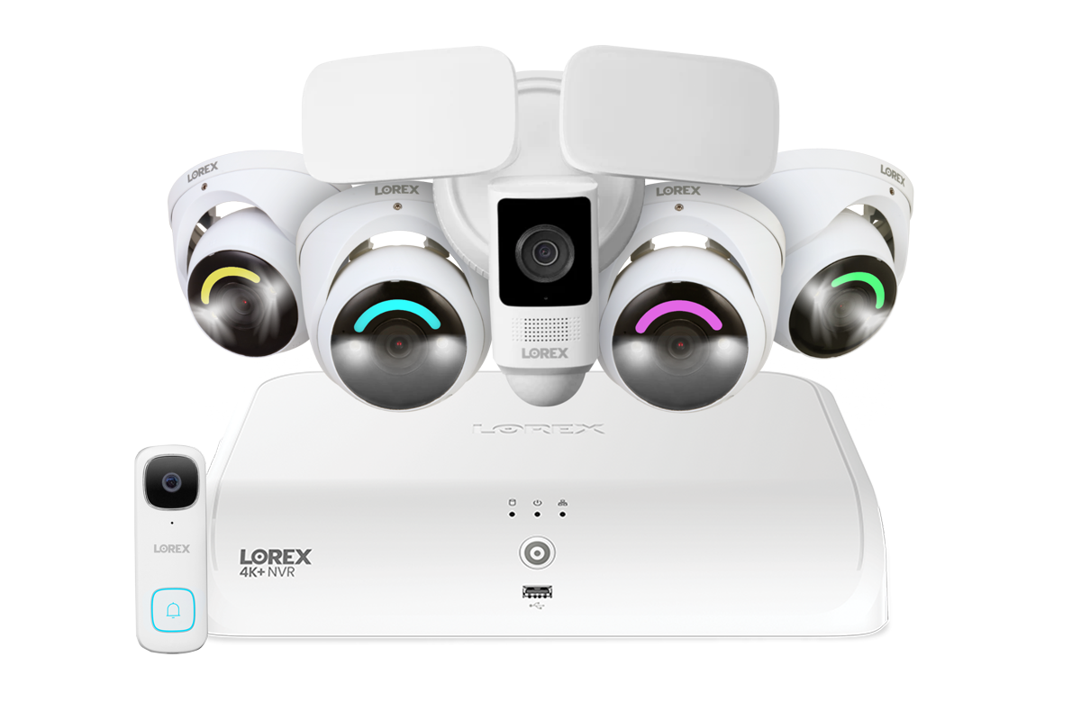 Lorex Fusion 4K 16 Camera Capable (8 Wired + 8 Fusion Wi-Fi) 2TB NVR System with Four H16 IP Dome Cameras, One 2K Battery Operated Doorbell, and One 2K Floodlight