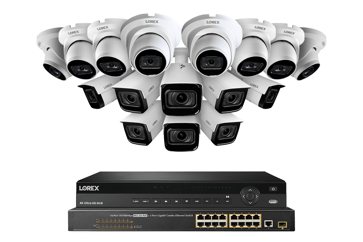 Lorex Nocturnal 4K 32-Channels 8TB NVR System with Bullet Motorized Varifocal Cameras and Dome Audio Cameras - White