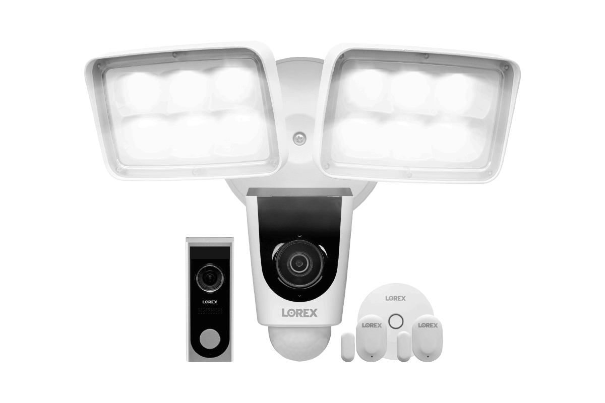Home Monitoring Kit featuring 1080p HD Video Doorbell, Floodlight and 2 Window / Door Motion Sensors