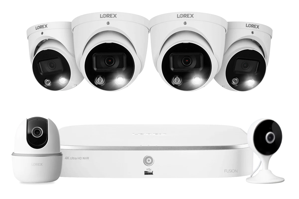 Lorex Fusion 4K 16 Camera Capable (8 Wired + 8 Wi-Fi) 2TB NVR System with 4 Smart Deterrence Dome Cameras, One 2K Pan-Tilt Camera and One 2K Indoor Wi-Fi Camera