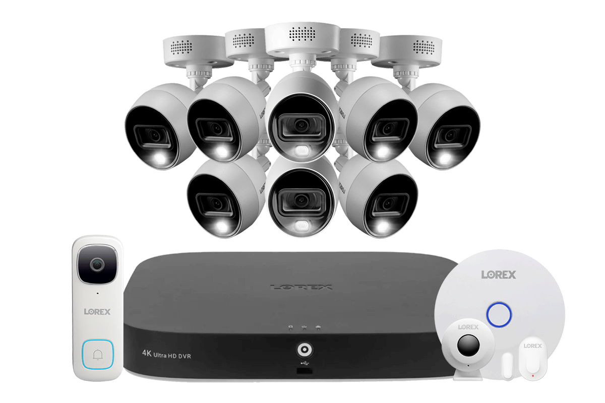 Lorex Fusion 4K 20 Camera Capable (16 Wired and 4 Wi-Fi) 2TB DVR System with 8 Analog Active Deterrence Cameras, 2K Video Doorbell and Smart Sensor Kit