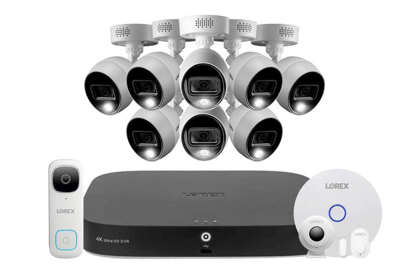 Lorex Fusion 4K 20 Camera Capable (16 Wired and 4 Wi-Fi) 2TB DVR System with 8 Analog Active Deterrence Cameras, 2K Video Doorbell and Smart Sensor Kit