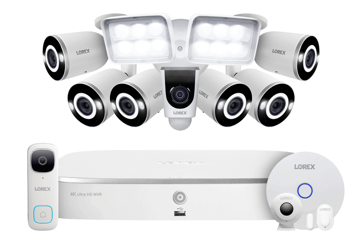 Lorex Fusion 4K 16 Camera Capable (8 Wired + 8 Wi-Fi) 2TB NVR System with 6 Smart Security Lighting Bullet Cameras, 2K Wired Doorbell, Sensor Kit and 1080P Floodlight