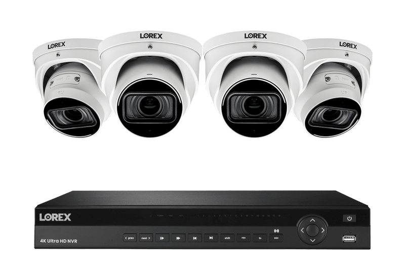 Lorex 4K (16 Camera Capable) 4TB Wired NVR System with Nocturnal 4 Smart IP Dome Cameras Featuring Motorized Varifocal Lens, Listen-In Audio and 30FPS - White 4
