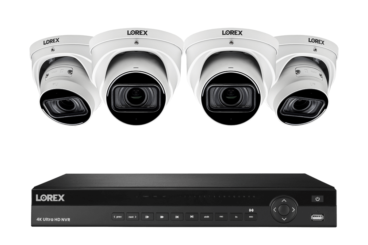 Lorex 4K (16 Camera Capable) 4TB Wired NVR System with Nocturnal 3 Smart IP Dome Cameras with Listen-in Audio and Motorized Varifocal Lenses - White 4