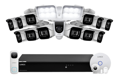 Lorex Fusion 4K 16-Channel 3TB Wired NVR System with 12 Cameras + 2K Wi-Fi Video Doorbell, Wi-Fi Floodlight Camera and Smart Sensor Kit
