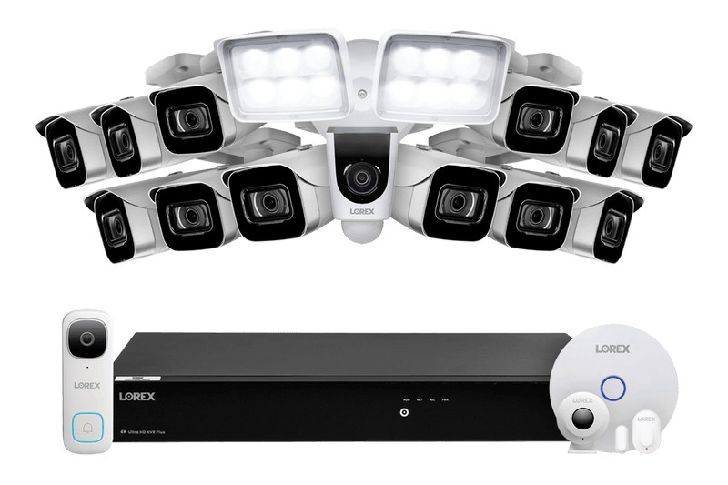 Lorex Fusion 4K 16-Channel 3TB Wired NVR System with 12 Cameras + 2K Wi-Fi Video Doorbell, Wi-Fi Floodlight Camera and Smart Sensor Kit
