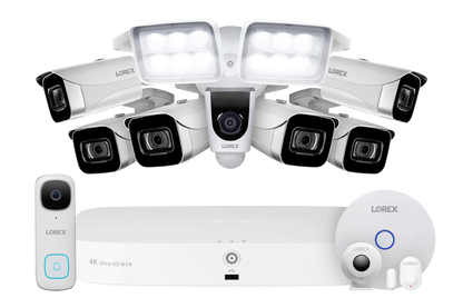 8-Channel NVR Fusion System with Six 4K (8MP) IP Cameras, 2K Wi-Fi Video Doorbell, Wi-Fi Floodlight Camera and Smart Sensor Starter Kit