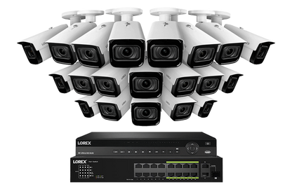 Lorex 4K (32 Camera Capable) 8TB Wired NVR System with Nocturnal 3 20 White Smart IP Bullet Cameras Featuring Motorized Varifocal Lens and 30FPS Recording