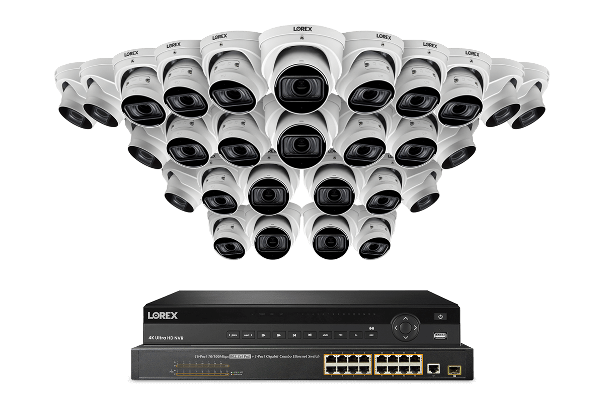Lorex 4K 32-Channel 8TB Wired NVR System with Nocturnal 4 Smart IP Dome Cameras Featuring Motorized Varifocal Lens, Listen-In Audio and 30FPS Recording
