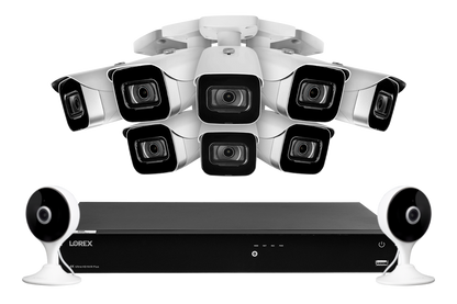 Lorex Fusion 4K (16 Camera Capable) 3TB Wired NVR System with 8 IP Bullet Cameras and Two 2K Indoor Wi-Fi Cameras