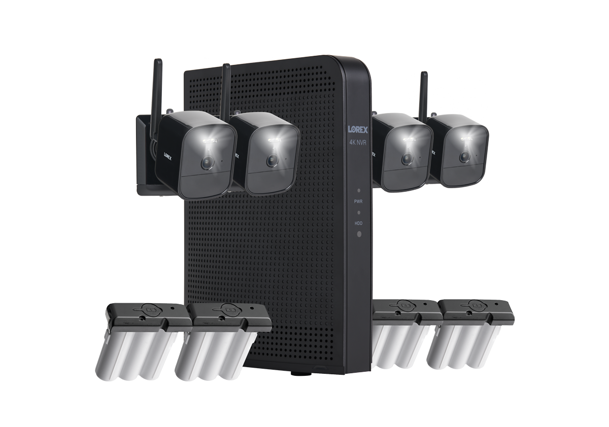 Lorex 4K NVR System with 4 Black Battery-Operated Cameras with 4 Rechargeable Batteries
