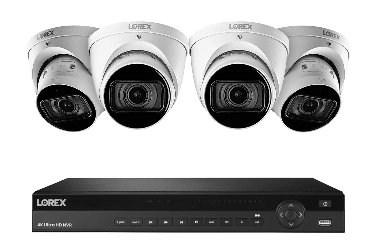 16-Channel Nocturnal NVR System with Four 4K (8MP) Smart IP Optical Zoom Dome Security Cameras with Real-Time 30FPS Recording and Listen-in Audio