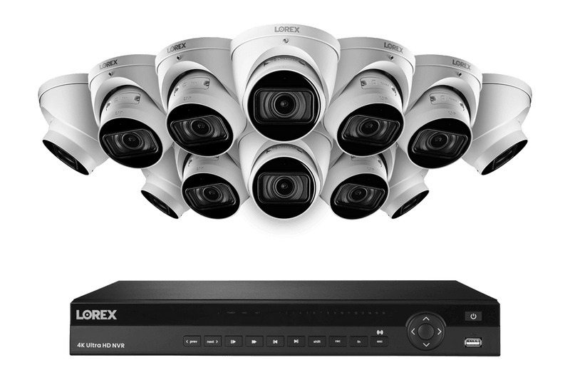 16-Channel Nocturnal NVR System with Twelve 4K (8MP) Smart IP Optical Zoom White Dome Security Cameras with Real-Time 30FPS Recording and Listen-in Audio