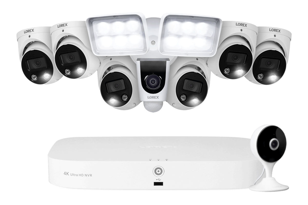 Lorex Fusion 4K 8-Channel 2TB Wired NVR System with Six 4K IP Dome Cameras + 2K Indoor Wi-Fi Security Camera and Wi-Fi Floodlight Camera