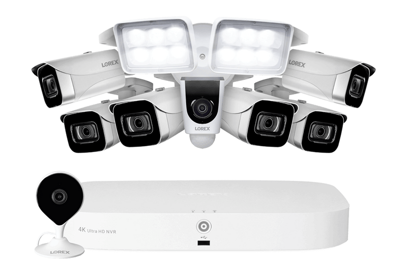 8-Channel NVR Fusion System with Six 4K (8MP) IP Cameras, HD Smart Indoor Wi-Fi Security Camera and Wi-Fi Floodlight Camera