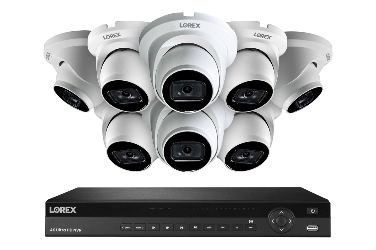 16-Channel Nocturnal NVR System with Eight 4K (8MP) Smart IP White Dome Security Cameras with Real-Time 30FPS Recording and Listen-in Audio