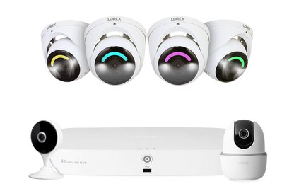 Lorex Fusion 4K 16 Camera Capable (8 Wired + 8 Wi-Fi) 2TB NVR System with 4 Smart Security Lighting Dome Cameras, One 2K Pan-Tilt Camera, and One 2K Indoor Wi-Fi Camera