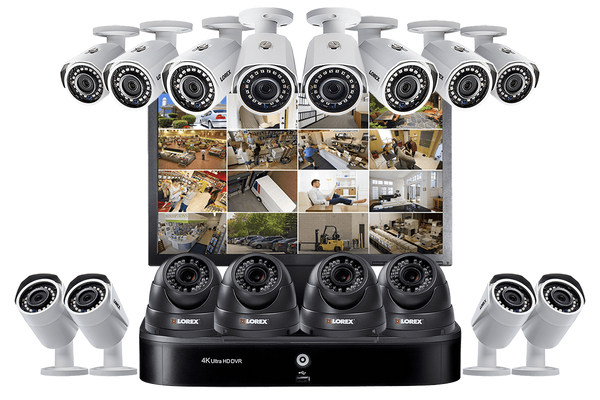 Complete Security Camera System with 16-Channel 4K DVR, Twelve 1080p Outdoor Bullets, Four 1080p Motororized Varifocal Domes and Monitor