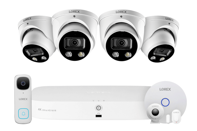 8-Channel NVR Fusion System with Four 4K Smart Deterrence IP Dome Cameras, 2K Wi-Fi Video Doorbell and Smart Sensor Starter Kit