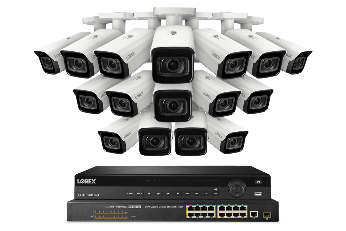 Lorex 4K 32-Channel 8TB Wired NVR System with Nocturnal 4 Smart IP Bullet Cameras Featuring Motorized Varifocal Lens, Vandal Resistant and 30FPS Recording