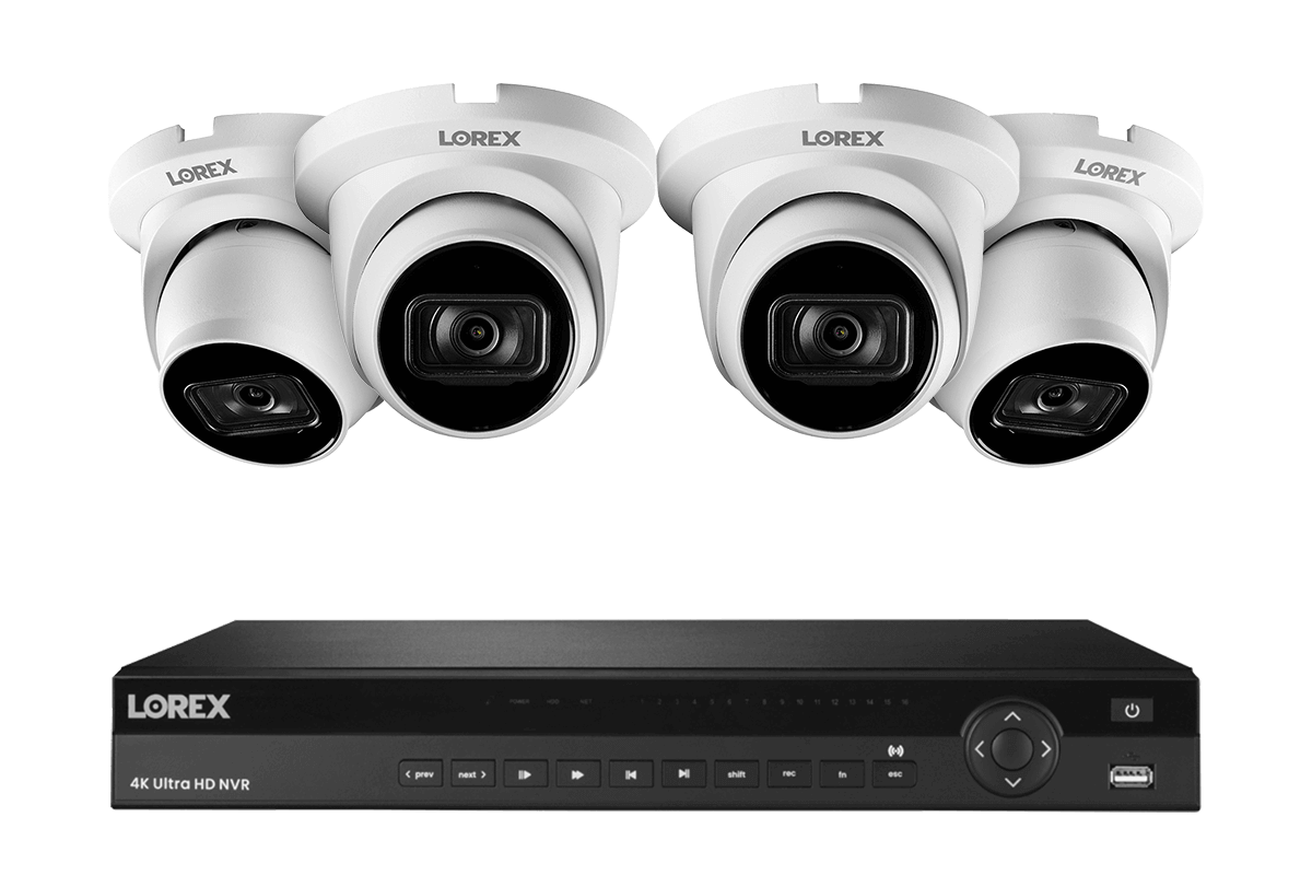 16-Channel Nocturnal NVR System with Four 4K (8MP) Smart IP White Dome Security Cameras with Real-Time 30FPS Recording and Listen-in Audio