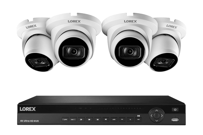 16-Channel Nocturnal NVR System with Four 4K (8MP) Smart IP White Dome Security Cameras with Real-Time 30FPS Recording and Listen-in Audio