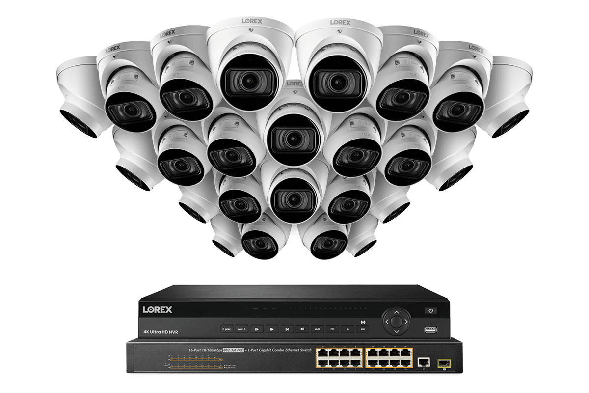 32-Channel Nocturnal NVR System with Twenty-Four 4K (8MP) Smart IP Optical Zoom Dome Security Cameras with Real-Time 30FPS Recording and Listen-in Audio