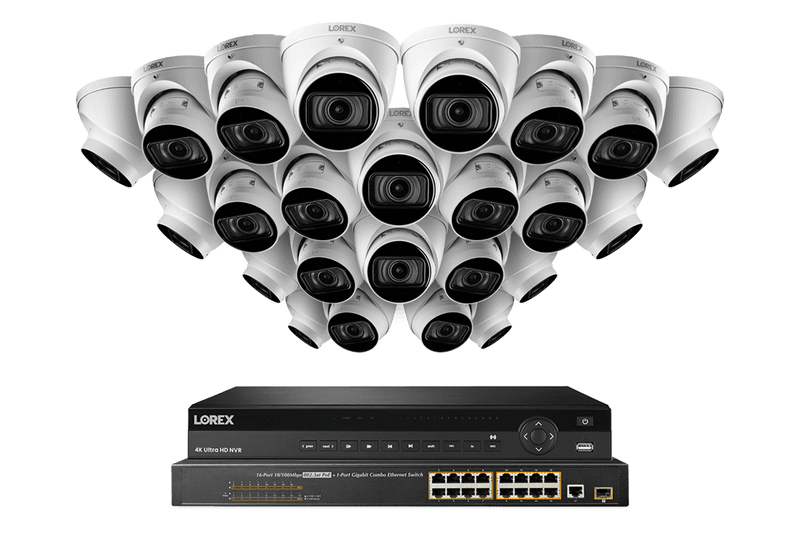 32-Channel Nocturnal NVR System with Twenty-Four 4K (8MP) Smart IP Optical Zoom Dome Security Cameras with Real-Time 30FPS Recording and Listen-in Audio