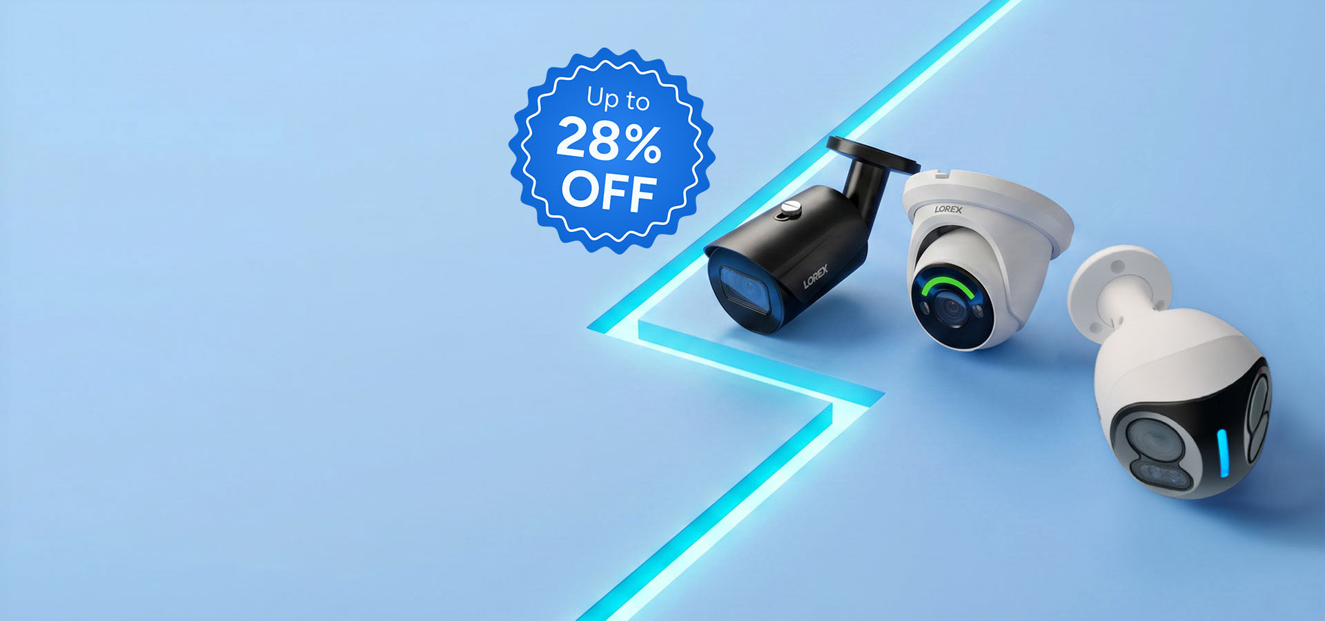 Lorex bullet, turret and dual lens outdoor security cameras displayed on a blue background for a Flash Sale with up to 28% off