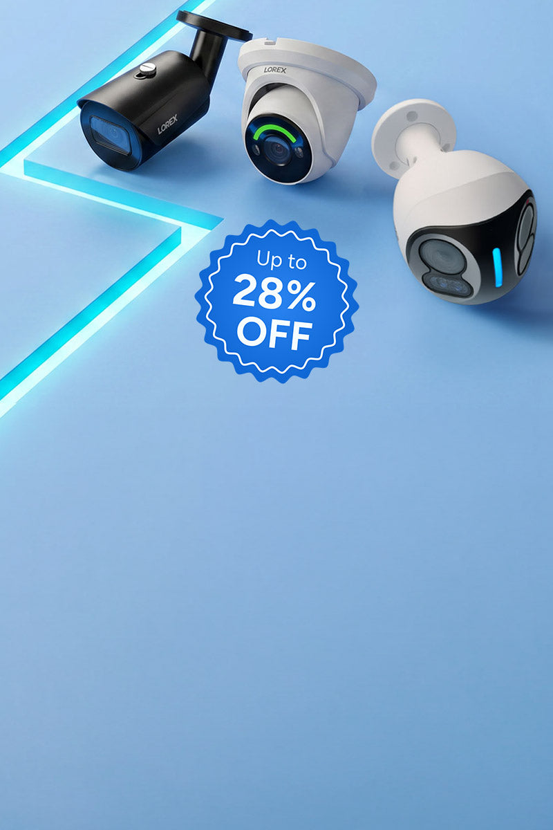 Lorex bullet, turret and dual lens outdoor security cameras displayed on a blue background for a Flash Sale with up to 28% off