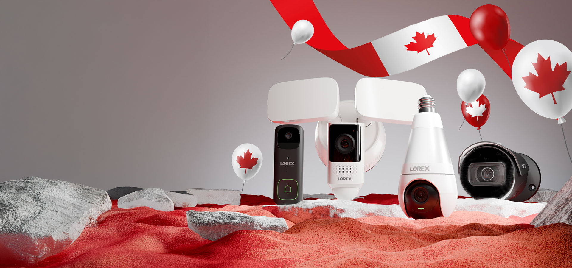 Lorex Canada Day promotional home page banner featuring security cameras, a lightbulb camera, and a floodlight camera with Canadian flag balloons and red-and-white decor in the background.