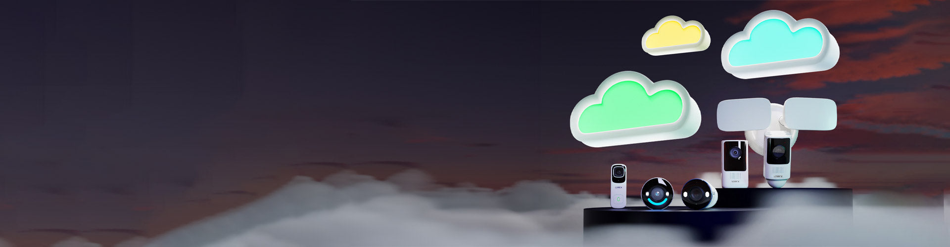Lorex Cloud Storage Security Cameras, Floodlight Camera, Doorbell Camera floating in clouds