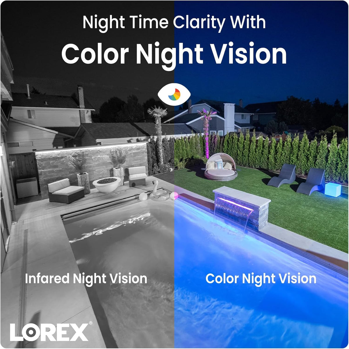 Split screen showing Infrared Night Vision on the left and Color Night Vision on the right over a backyard with pool furniture, Lorex branding.