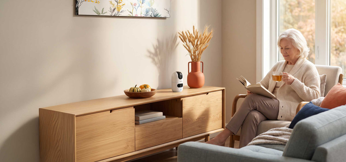 Woman relaxing in a bright living room with a Lorex indoor Wi-Fi camera on a console beside her.