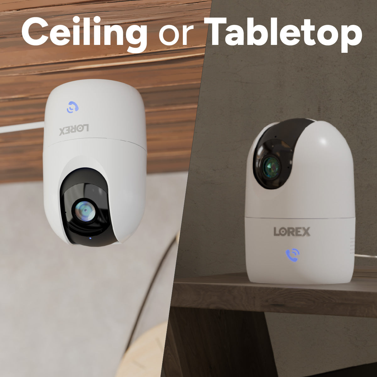 Lorex Connect 2K indoor Wi-Fi pan-tilt camera shown from two angles against a split background.