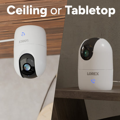 Lorex Connect 2K indoor Wi-Fi pan-tilt camera shown from two angles against a split background.