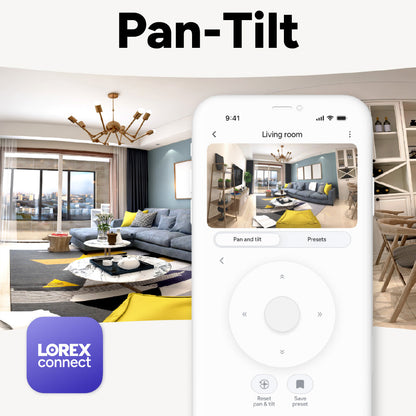Smartphone displaying the Lorex Connect pan-tilt interface over a modern living room scene.