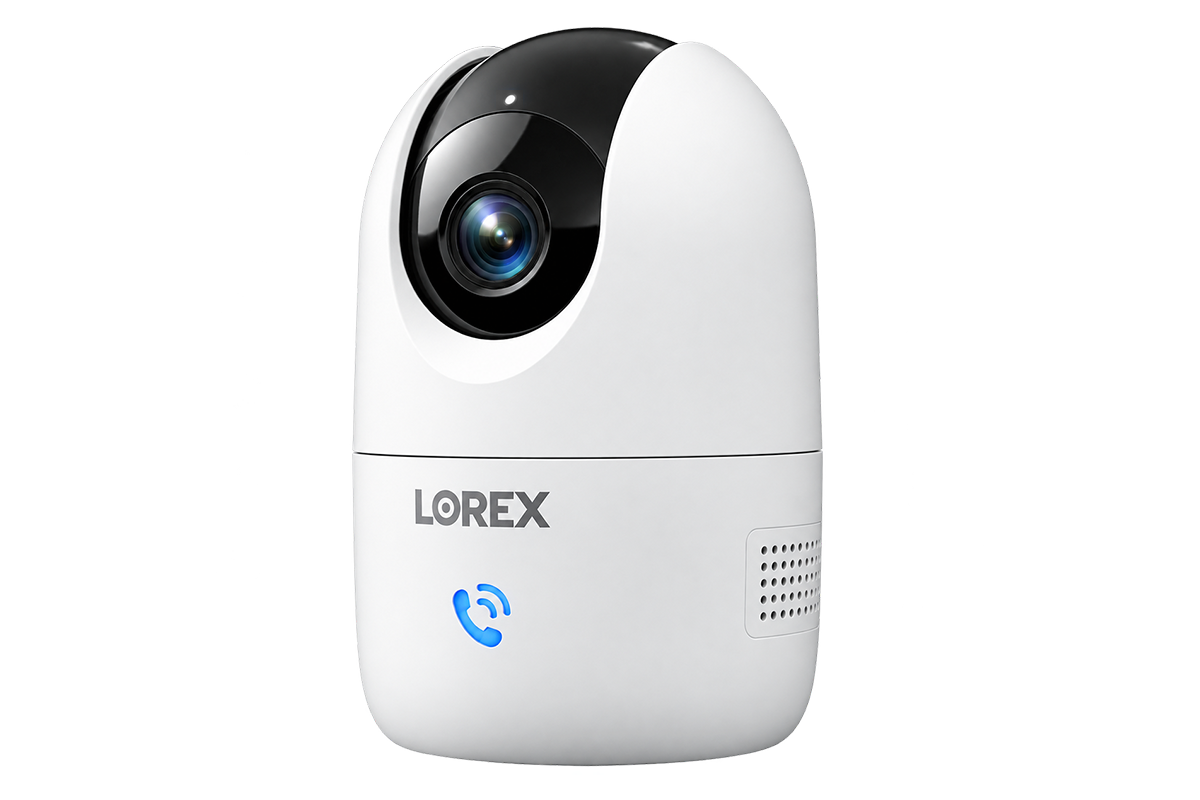 Lorex Connect 2K indoor camera in white with pan-tilt lens and blue two-way talk icon.