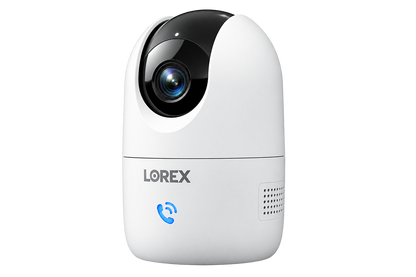 Lorex Connect 2K indoor camera in white with pan-tilt lens and blue two-way talk icon.