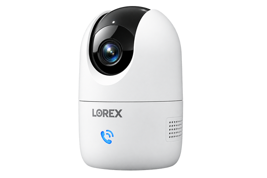 Lorex Connect 2K indoor camera in white with pan-tilt lens and blue two-way talk icon.