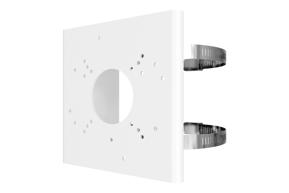 Pole mount bracket with a large central opening and multiple mounting holes for motorized cameras.