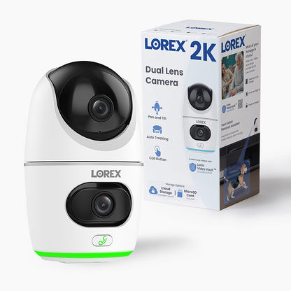 Lorex 2K dual lens indoor pan-tilt Wi Fi security camera with 32GB, shown beside its packaging box.