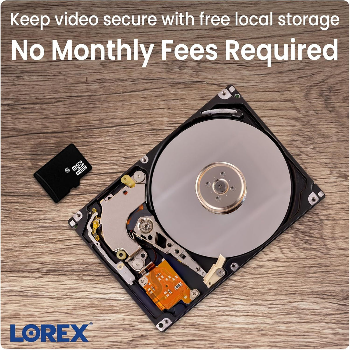 Close up of a hard drive and a microSD card on a wooden surface with Lorex local storage text overlay